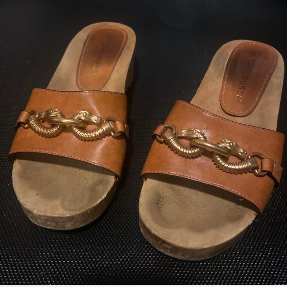 Tory Burch Tan Mules with Gold Chain Detail